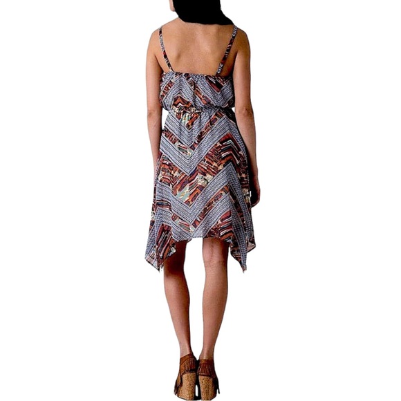 As You Wish size large colorful mini dress, tie at neck, asymmetrical hem, EUC - Picture 2 of 13